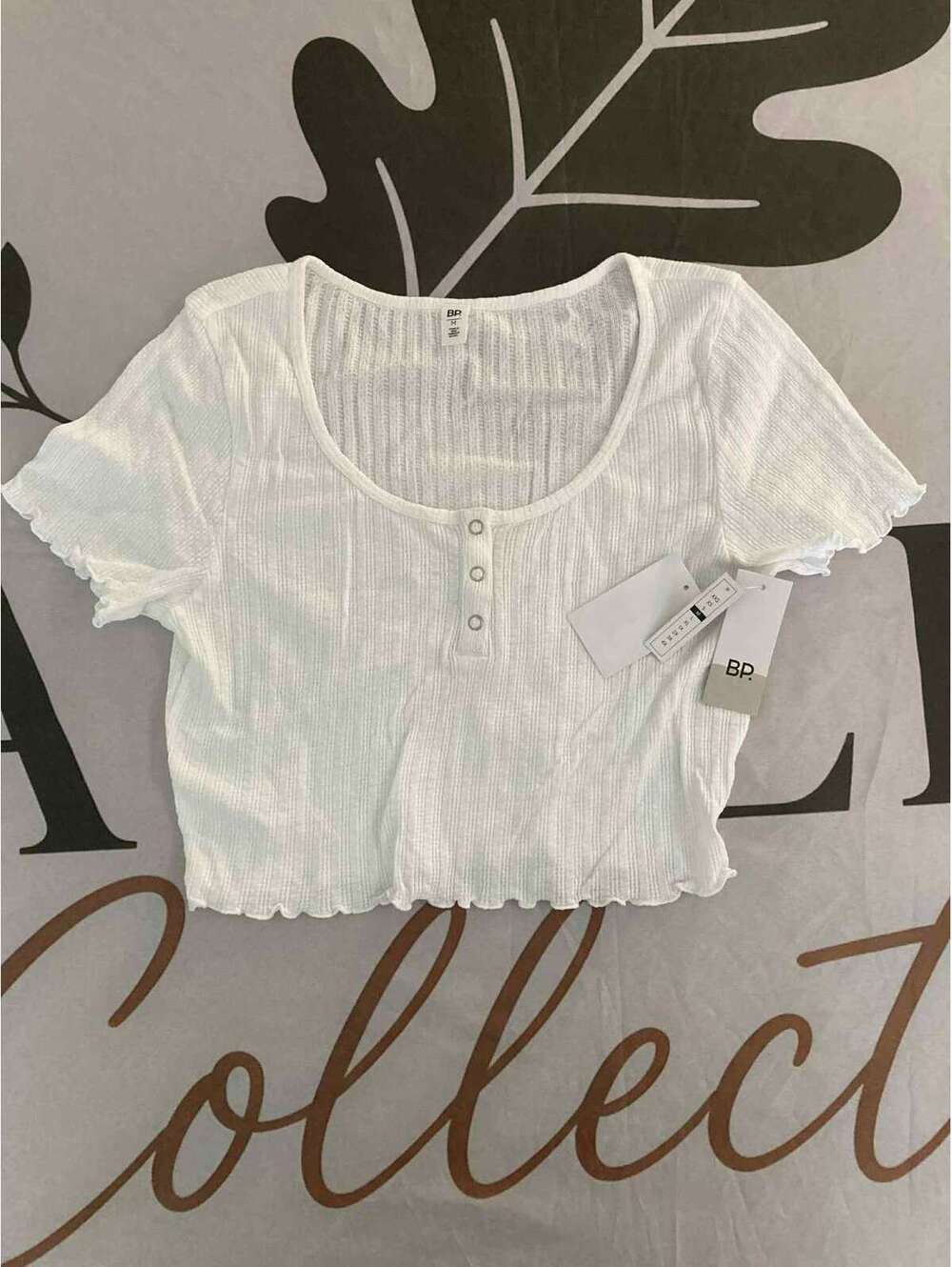 BP. White Ribbed Crop Top with Snap Buttons, Size M